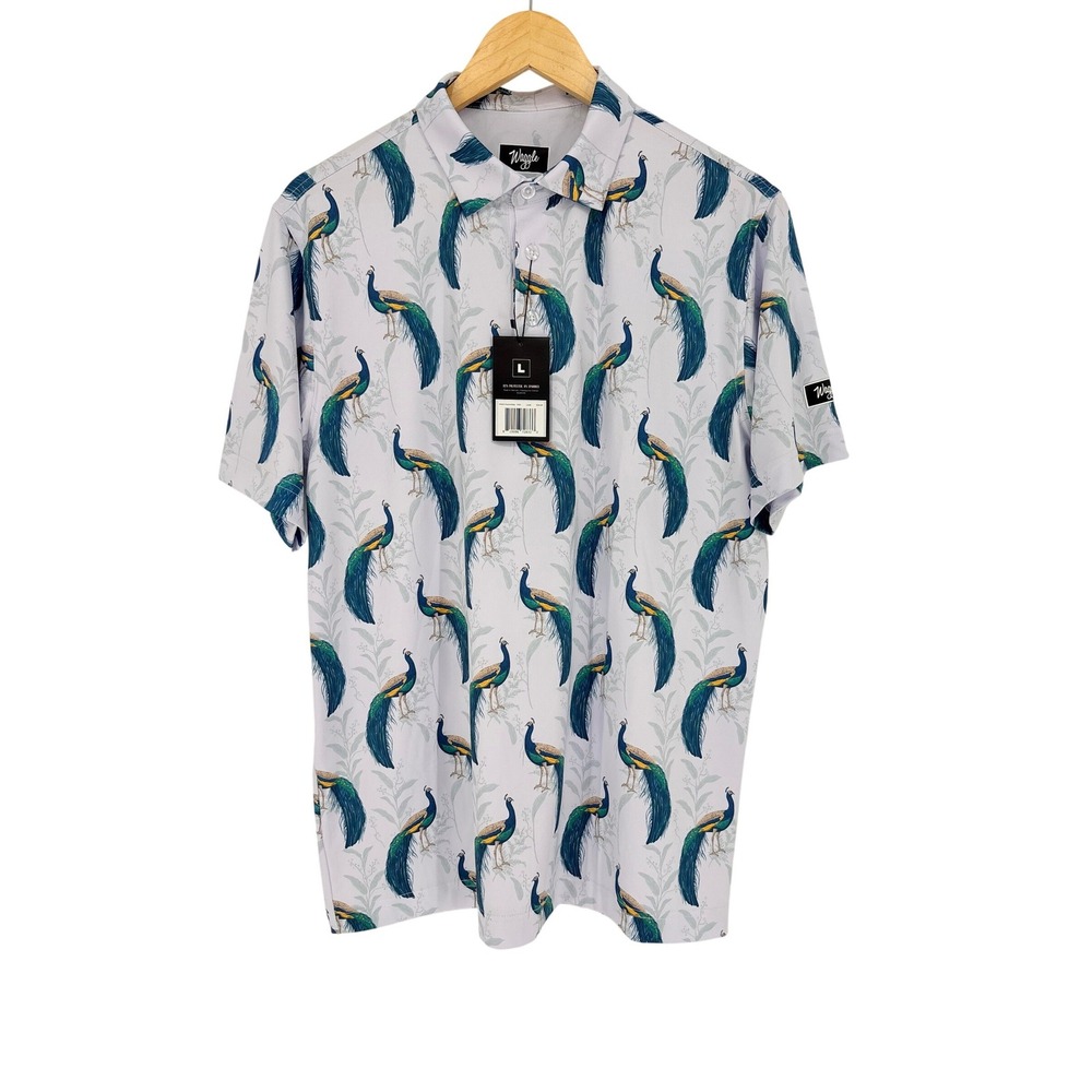 Waggle Peacocking Polo Men Large White Blue Peacock Print Golf Performance Shirt - Picture 2 of 8